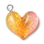 Gradient Color Transparent Resin Pendants, Glitter Heart Charms, with Platinum Plated Iron Loops, Gold, 21x19.5x6mm, Hole: 3x2mm(RESI-A023-01C)