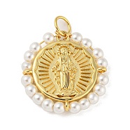 Rack Plating Brass Pendants, with Plastic Imitation Pearls & Jump Ring, Cadmium Free & Lead Free, Long-Lasting Plated, Flat Round with Saint, Real 18K Gold Plated, 24x24x3.5mm, Hole: 4.4mm(KK-A200-10G)
