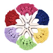 Handmade Polycotton(Polyester Cotton) Tassel Pendant Decorations, Pendant Decorations, with Wood Fan Slices, Mixed Color, 55.5x56x7.5mm, Hole: 2mm(X-FIND-R094-M)