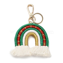 Christmas Theme Macrame Weaving Rainbow Tassel Cotton Thread Keychain, with Alloy Clasp, Colorful, 13cm, 77x73x8mm, clasp:50x18x7mm, jump ring: 25x2mm(FIND-M045-02)