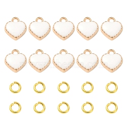 10Pcs Heart Alloy Enamel Charms, Light Gold, with 10Pcs Brass Jump Rings, White, 8x7.50x2.50mm, Hole: 1.50mm(ENAM-YW0002-92)
