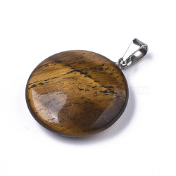 Synthetic Tiger Eye Pendants, with Platinum Tone Brass Bails, Flat Round, 22~25x19~21x5~7mm, Hole: 3x6mm(X-G-R470-003)