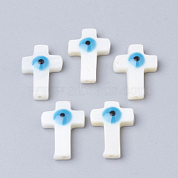 Natural Freshwater Shell Beads, Cross with Evil Eye, Dodger Blue, 17x12x4mm, Hole: 1mm(SHEL-Q017-09B)
