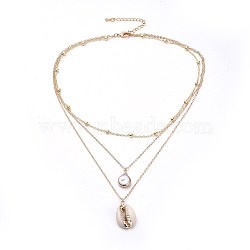 Cowrie Shell and Plated Natural Baroque Pearl Keshi Pearl Tiered Necklaces, 3 Layer Necklaces, with Long-Lasting Plated Brass Extender Chains, Golden, 40.5x0.15cm(X-NJEW-JN02389)