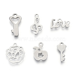 201 Stainless Steel Charms, Laser Cut, Mixed Shapes, Stainless Steel Color, 6.5~16x8~13x0.5~1mm, Hole: 0.8~1.6mm, 6 patterns, 1 pattern/200pcs(STAS-R118-03)