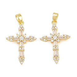 Brass Micro Pave Clear Cubic Zirconia Pendants, Cross Charms, Real 18K Gold Plated, 25x17x3mm, Hole: 5x3mm(CU-CBA9AB3-16G)