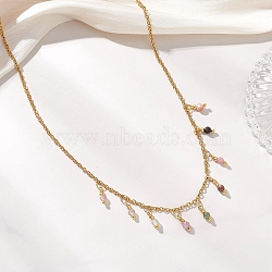 3MM Faceted Round Natural Multicolor Tourmaline Pendant Bib Necklaces with 304 Stainless Steel Cable Chains, Golden, 15.94 inch(40.5cm)(NJEW-JN05943)