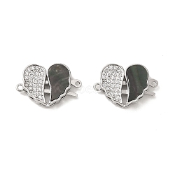Brass Micro Pave Clear Cubic Zirconia Connector Charms, with Paua Shell, Heart Shaped Wing Links, Real Platinum Plated, 12x17.5x3.5mm, Hole: 1mm(KK-P260-19P-01)