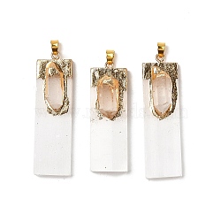 Natural Quartz Crystal & Selenite Big Pendants, Rectangle Charms with Golden Tone Stainless Steel Findings, 47~54x15~17x11~12mm, Hole: 4x3mm(G-H084-09G-01)