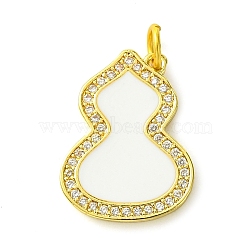 Rack Plating Brass Micro Pave Clear Cubic Zirconia Pendants, with Enamel, Long-Lasting Plated, Lead Free & Cadmium Free, Real 18K Gold Plated, Gourd, with Jump Ring, White, 19x14.5x1.5mm, Hole: 3mm(KK-G501-14G-02)