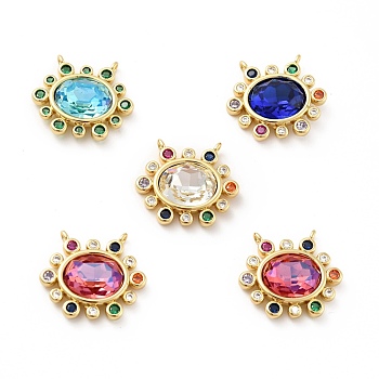 Brass Cubic Zirconia Pendants, Oval Charm, Faceted, Cadmium Free & Nickel Free & Lead Free, Real 18K Gold Plated, Mixed Color, 16.5x18x4.5mm, Hole: 1mm