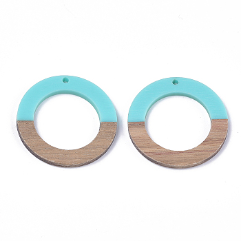 Resin & Walnut Wood Pendants, Ring, Dark Turquoise, 38x3.5mm, Hole: 2mm