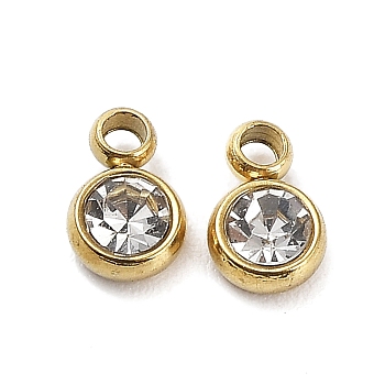 Ion Plating(IP) 304 Stainless Steel Charms, with Glass, Flat Round Charm, Real 18K Gold Plated, 6x3.5x2mm, Hole: 1mm