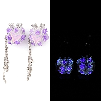 Handmade Luminous Polymer Clay Rhinestone Beads, with Glitter, Resin & Acrylic & Glass Cabochon & Alloy Chain, Glow in the Dark, Rose with Crown & Fishtail, Medium Purple, 58~66mm