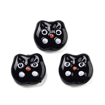 Opaque Acrylic With Enamel Beads, Cat, Black, 15x17x6mm, Hole: 1.8mm