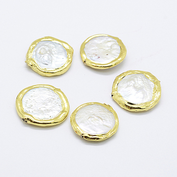 Natural Cultured Freshwater Pearl Beads, Edge Golden Plated, Flat Round, White, 20~23x4~5mm, Hole: 0.5mm