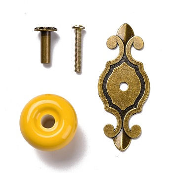 Round-shaped Porcelain Cabinet Door Knobs, Kitchen Drawer Pulls Cabinet Handles, with Screw & Zinc Alloy Finding, Gold, 73x29.5x2mm