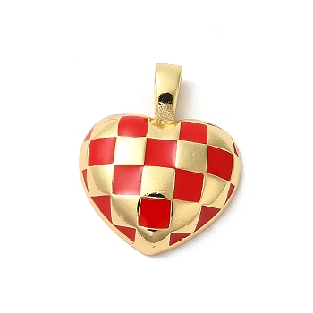 Rack Plating Brass Enamel Pendants, Long-Lasting Plated, Cadmium Free & Lead Free, Heart with Tartan Pattern Charm, Real 18K Gold Plated, Red, 20x17x5mm, Hole: 4x2mm