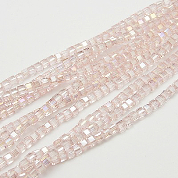 Electroplate Glass Beads Strands, AB Color Plated, Faceted, Cube, Pink, 3x3x3mm, Hole: 1mm