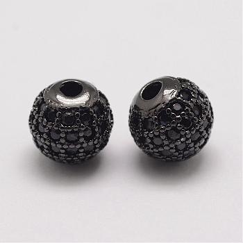 Brass Micro Pave Cubic Zirconia Beads, Round, Gunmetal, 8.5x8mm, Hole: 2mm