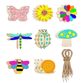 40Pcs 8 Styles Unfinished Wood Pendants, for DIY Kids Painting Craft, Home Decor Pendants, Chrysanthemum, Ladybug, Dragonfly, Butterfly, Mushroom, Snail, Bee, Flower, Moccasin, 6.6~9x6.3~9x0.25cm, 5pcs/style