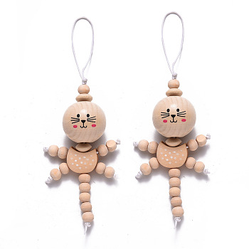 Natural Wood Pendant Decorations, with Waxed Cord, Doll, PeachPuff, 145~154x57~58mm