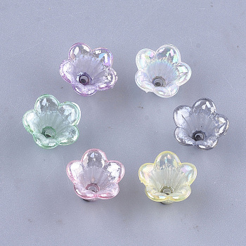 Transparent Acrylic Bead Caps, AB Color, 5-Petal, Flower, Mixed Color, 10x14x13.5mm, Hole: 1.6mm