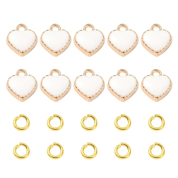10Pcs Heart Alloy Enamel Charms, Light Gold, with 10Pcs Brass Jump Rings, White, 8x7.50x2.50mm, Hole: 1.50mm
