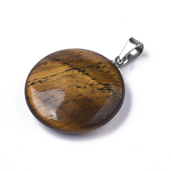 Synthetic Tiger Eye Pendants, with Platinum Tone Brass Bails, Flat Round, 22~25x19~21x5~7mm, Hole: 3x6mm
