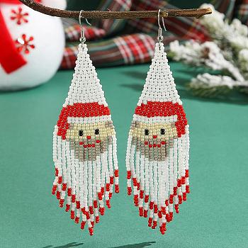 Christmas Santa Claus Tassel Earrings, Handmade Glass Beads Dangle Earrings, White, 120x30mm