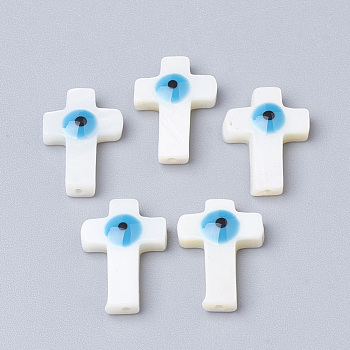 Natural Freshwater Shell Beads, Cross with Evil Eye, Dodger Blue, 17x12x4mm, Hole: 1mm