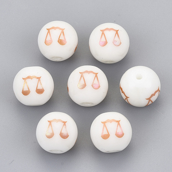 Electroplate Glass Beads, Round with Constellations Pattern, Rose Gold Plated, Libra, 10mm, Hole: 1.2mm
