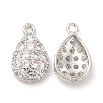 Brass Micro Pave Clear Cubic Zirconia Charms, Teardrop, Platinum, 15x9x3.5mm, Hole: 1.4mm