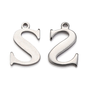 304 Stainless Steel Alphabet Charms, Stainless Steel Color, Letter.S, 12x8x1mm, Hole: 1mm