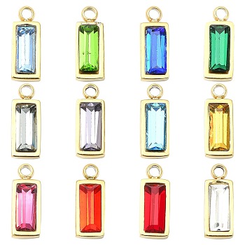 12Pcs 12 Colors Real 14K Gold Plated 304 Stainless Steel Charms, with Glass, Rectangle, Mixed Color, 11x4x3.5~4mm, Hole: 1.4mm, 1pc/color