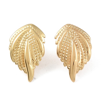 304 Stainless Steel Studs Earrings, Jewely for Women, Golden, Feather, 24.5x15mm