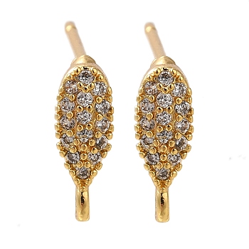 Brass Clear Cubic Zirconia Stud Earrings Finding for Women, Leaf, with Loop, Real 18K Gold Plated, 10x4mm, Hole: 1mm, Pin: 0.7x12mm