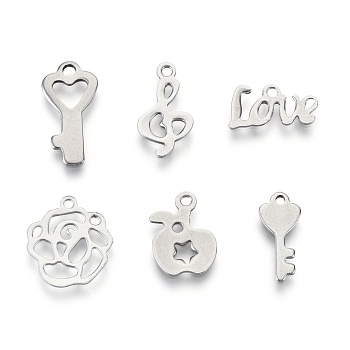 201 Stainless Steel Charms, Laser Cut, Mixed Shapes, Stainless Steel Color, 6.5~16x8~13x0.5~1mm, Hole: 0.8~1.6mm, 6 patterns, 1 pattern/200pcs