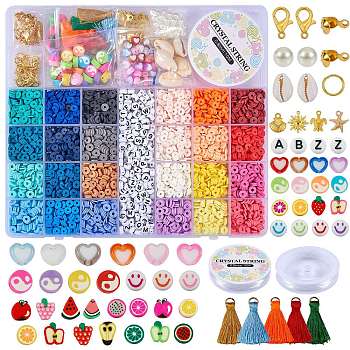 DIY Heishi Beads Jewelry Set Making Kit, Including Polymer Clay & Acrylic & Natural Cowrie Shell Beads, Alloy & CCB Plastic Charms & Polyester Tassel Charms, Iron Jump Rings & Bead Tips, Alloy Clasp, Elastic Thread, Mixed Color, Polymer Clay Beads: 4380pcs/box