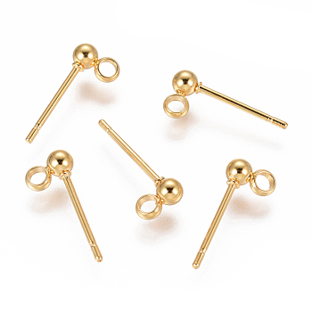 304 Stainless Steel Ear Stud Components, with Loop, Ball, Golden, 14x3mm, Hole: 1.8mm, Pin: 0.7mm