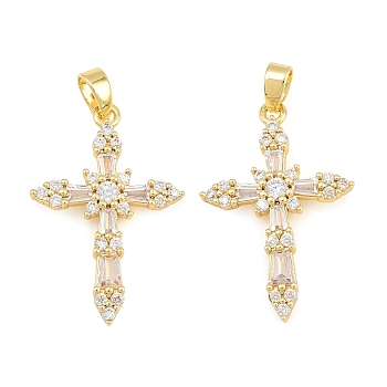 Brass Micro Pave Clear Cubic Zirconia Pendants, Cross Charms, Real 18K Gold Plated, 25x17x3mm, Hole: 5x3mm