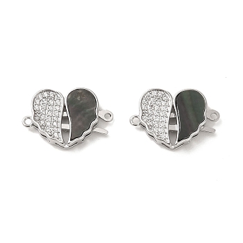 Brass Micro Pave Clear Cubic Zirconia Connector Charms, with Paua Shell, Heart Shaped Wing Links, Real Platinum Plated, 12x17.5x3.5mm, Hole: 1mm
