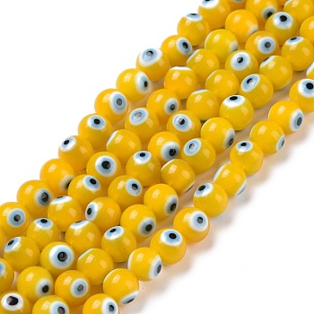 Handmade Evil Eye Lampwork Round Bead Strands, Yellow, 6mm, Hole: 1mm, about 65pcs/strand, 14.17 inch