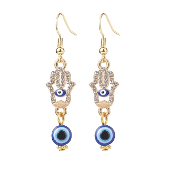 Crystal Rhinestone Dangle Earrings with Enamel Evil Eye, Brass Drop Earrings with Resin Beaded for Women, Golden, Hamsa Hand Pattern, 51.5mm, Pin: 0.7mm