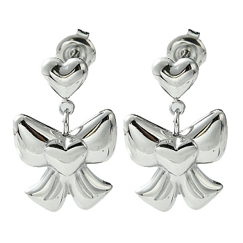 304 Stainless Steel Dangle Stud Earrings, Bowknot with Heart, Stainless Steel Color, 21x14.5mm