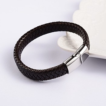 Trendy Leather Braided Cord Bracelets, with 304 Stainless Steel Magnetic Clasps, Coconut Brown, 220x12x6mm