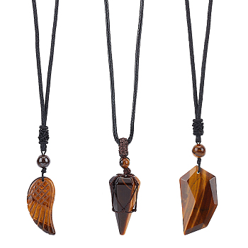 3Pcs 3 Style Natural Tiger Eye Wing & Cone & Dagger Pendant Necklaces Set with Polyester Rope for Men Women, 15.43~18.31 inch(39.2~46.5cm), 1Pc/style