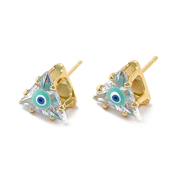 Glass Triangle with Enamel Evil Eye Stud Earrings, Real 18K Gold Plated Brass Jewelry for Women, Light Sky Blue, 10.5x11mm, Pin: 0.8mm