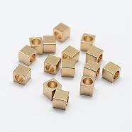 Brass Bead Spacers, Nickel Free, Cube, Raw(Unplated), 4x4mm, Hole: 2mm(KK-P095-33-B)