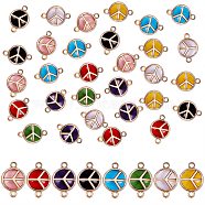 32Pcs 8 Colors Glass Light Gold Plated Alloy Links Connectors, Flat Round with Peace Sign, Mixed Color, 13.5x19.5x5.5mm, Hole: 1.6mm, 4pcs/color, 32pcs/box(GLAA-SZ0001-68)